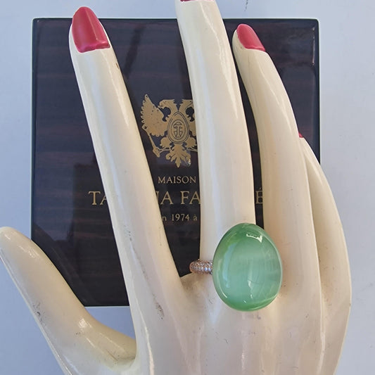 Tatiana Fabergé Egg Ring, Emerald Green Cabochon, 22KT Gilded Sterling Silver faberge