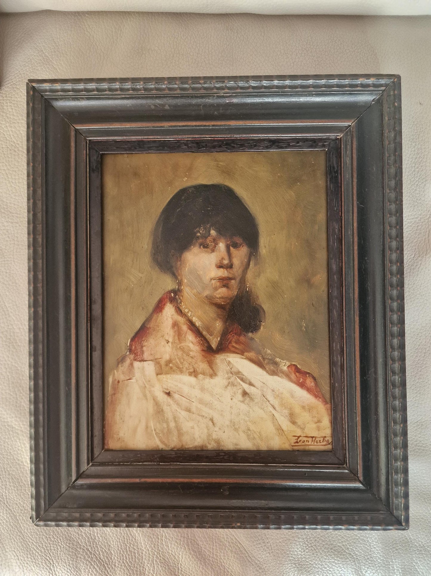 Léon Herbo Portrait – Young Woman, Signed Oil Painting, Framed