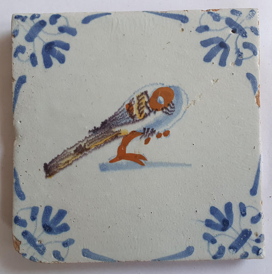 Antique Dutch Tile – Polychrome Bird, Ox Head Motifs (1625-1640)