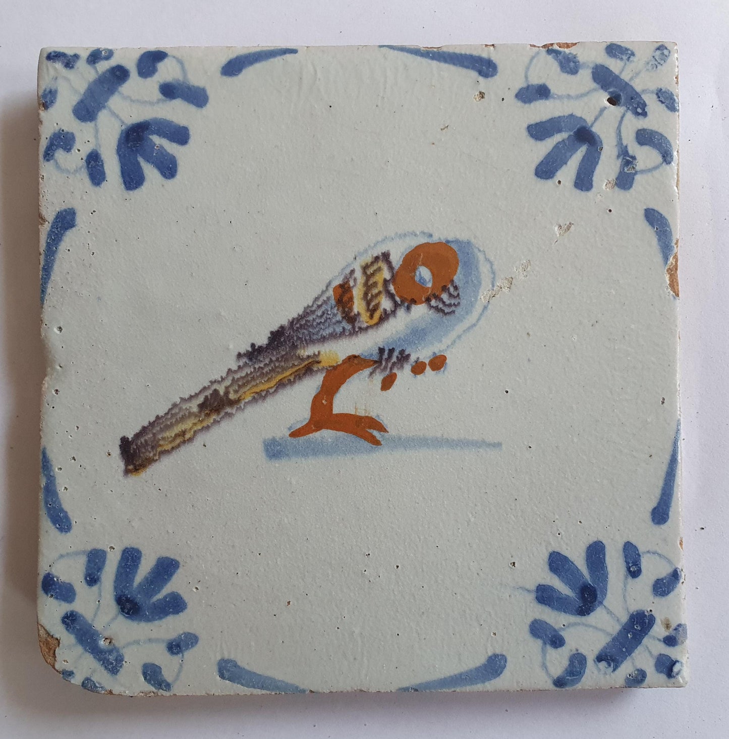 Antique Dutch Tile – Polychrome Bird, Ox Head Motifs (1625-1640)