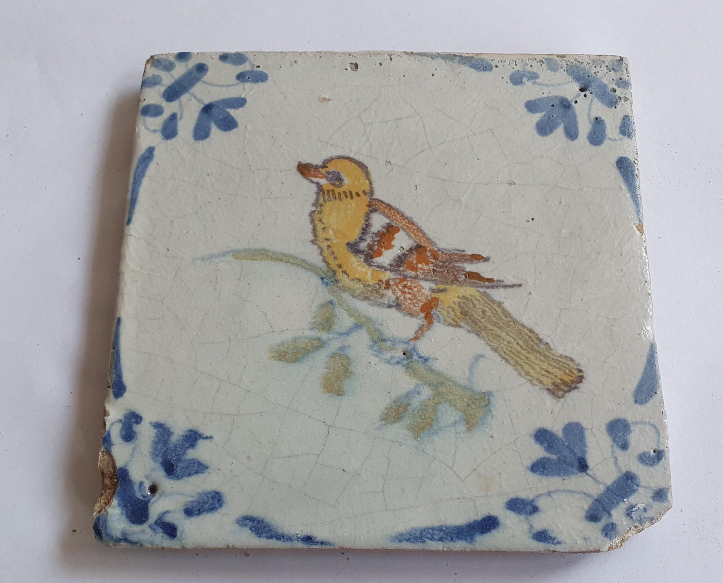 Antique Dutch Tile – Polychrome Bird, Ox Head Motifs (1625-1640)