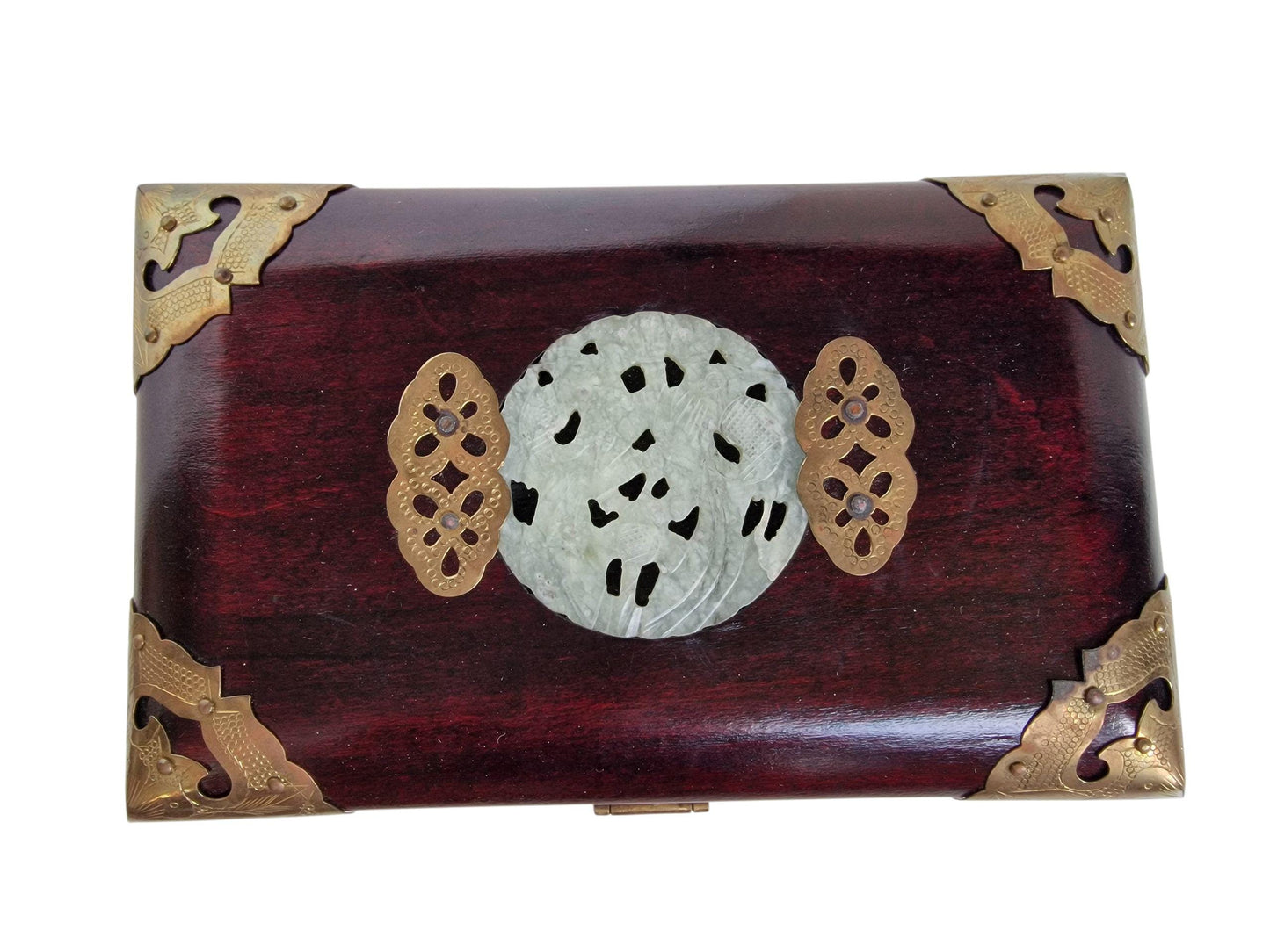 Vintage Chinese Lacquered Jewelry Box, Jade, Brass, Copper, Still Boxed