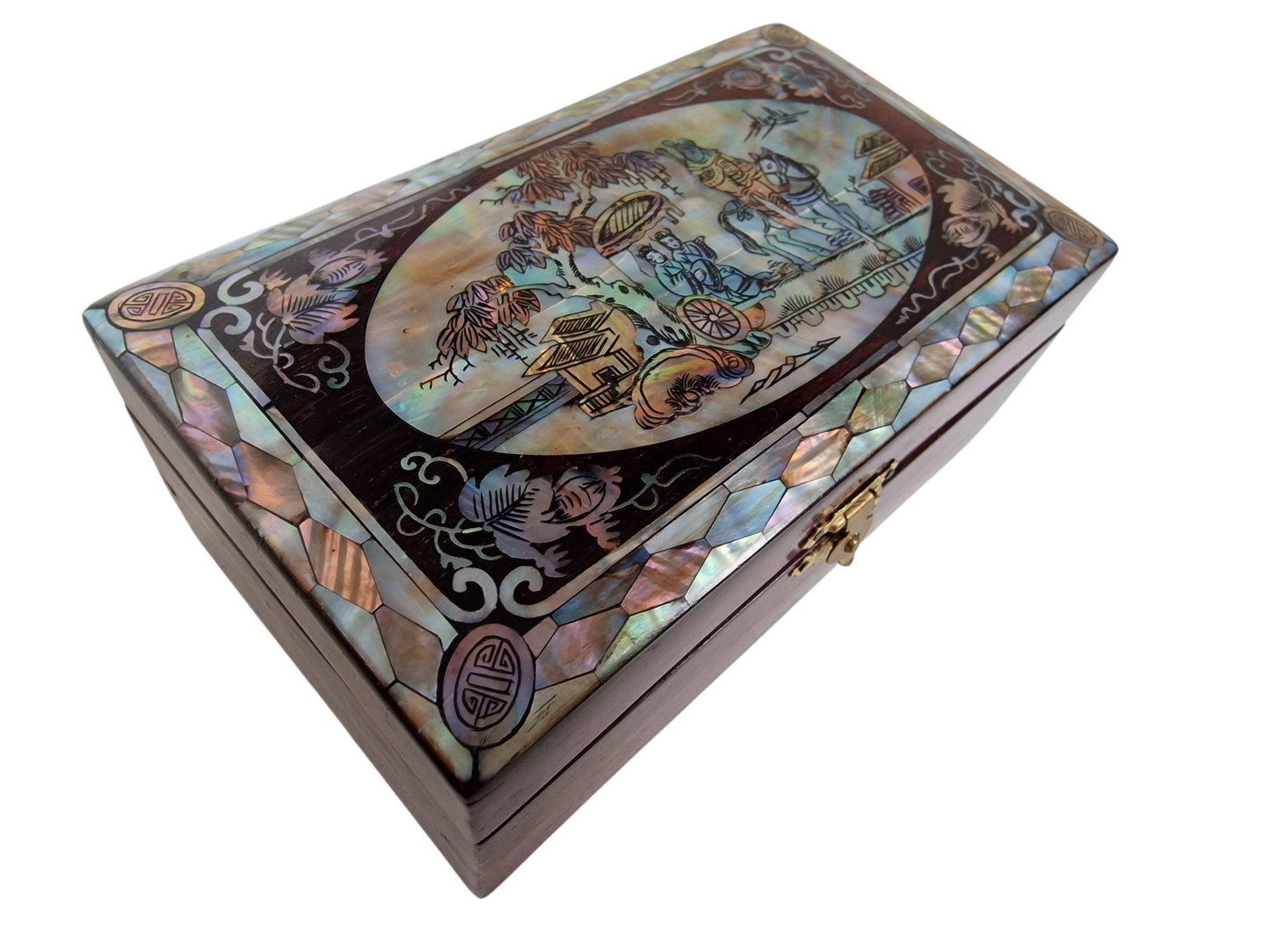 Vintage Chinese Lacquer Jewelry Box, Mother of Pearl Inlay, Large Cabinet