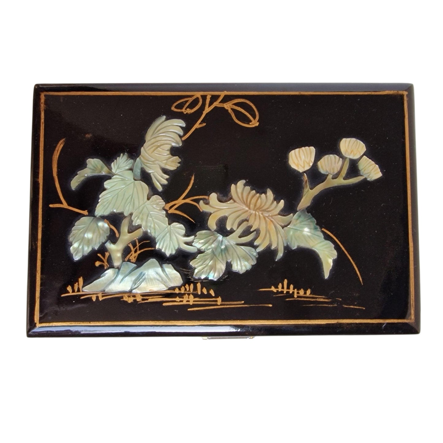 Vintage Chinese Lacquer Jewelry Box, Mother of Pearl Inlay, Wood Cabinet