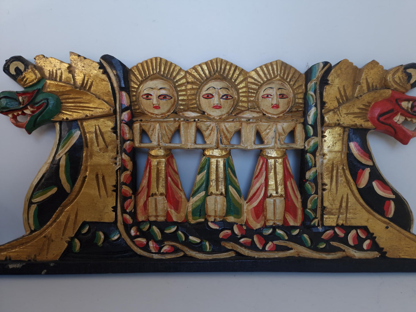 Vintage Indonesian Dragon Boat Panel – Hand-Carved Gilded Wood Wall Art