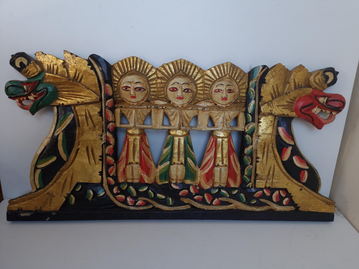 Vintage Indonesian Dragon Boat Panel – Hand-Carved Gilded Wood Wall Art