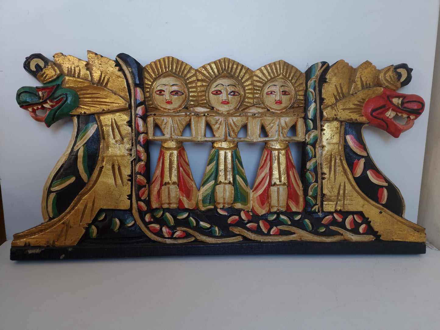 Vintage Indonesian Dragon Boat Panel – Hand-Carved Gilded Wood Wall Art