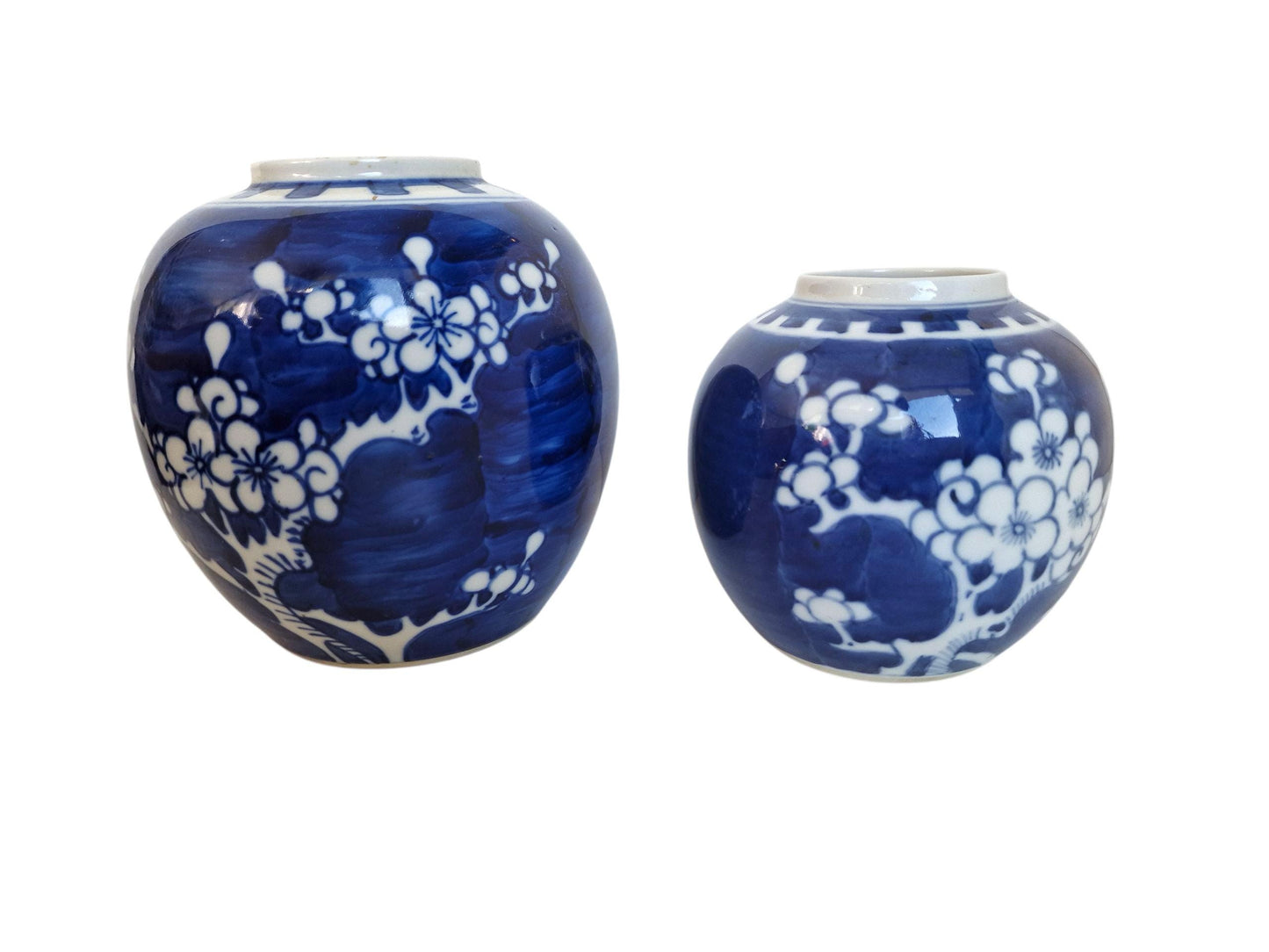 Vintage Chinese Porcelain Ginger Jars – Blue and White Plum Blossom, Set of 2 cherry