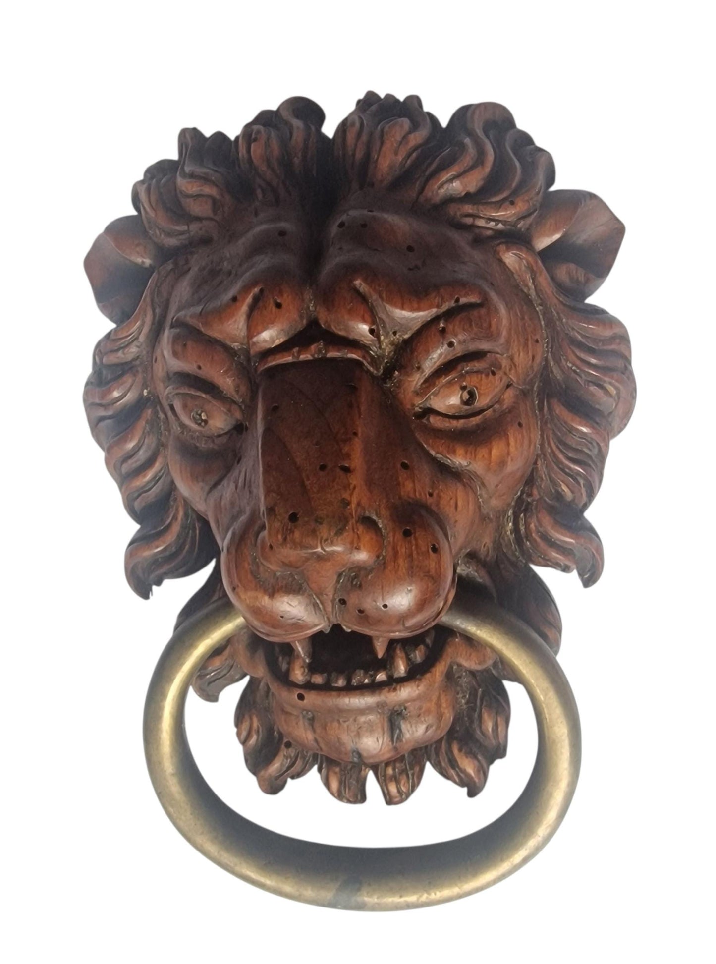 18th Century Hand-Carved Lion Door Knocker with Brass Ring - Architectural Salvage