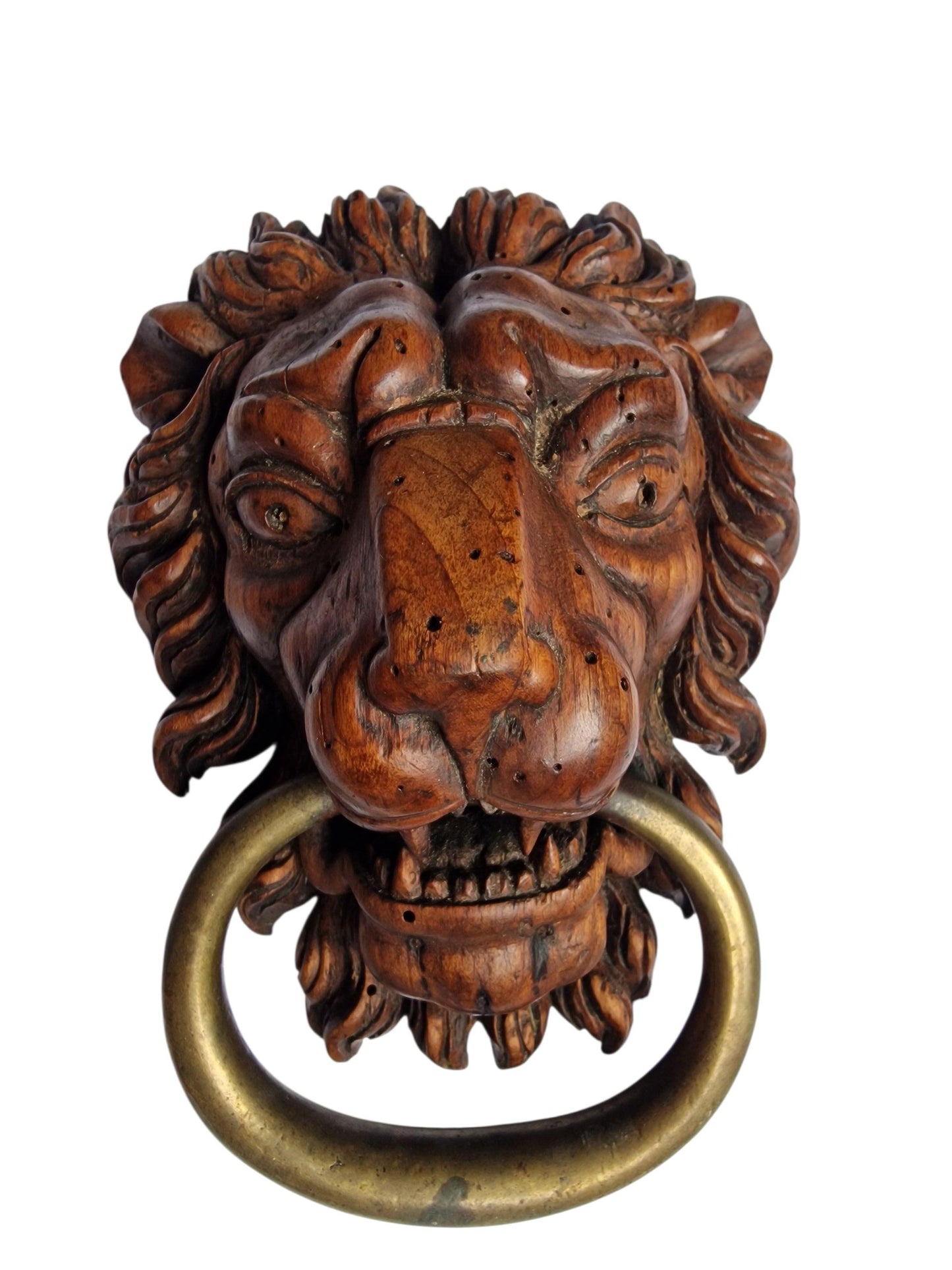 18th Century Hand-Carved Lion Door Knocker with Brass Ring - Architectural Salvage