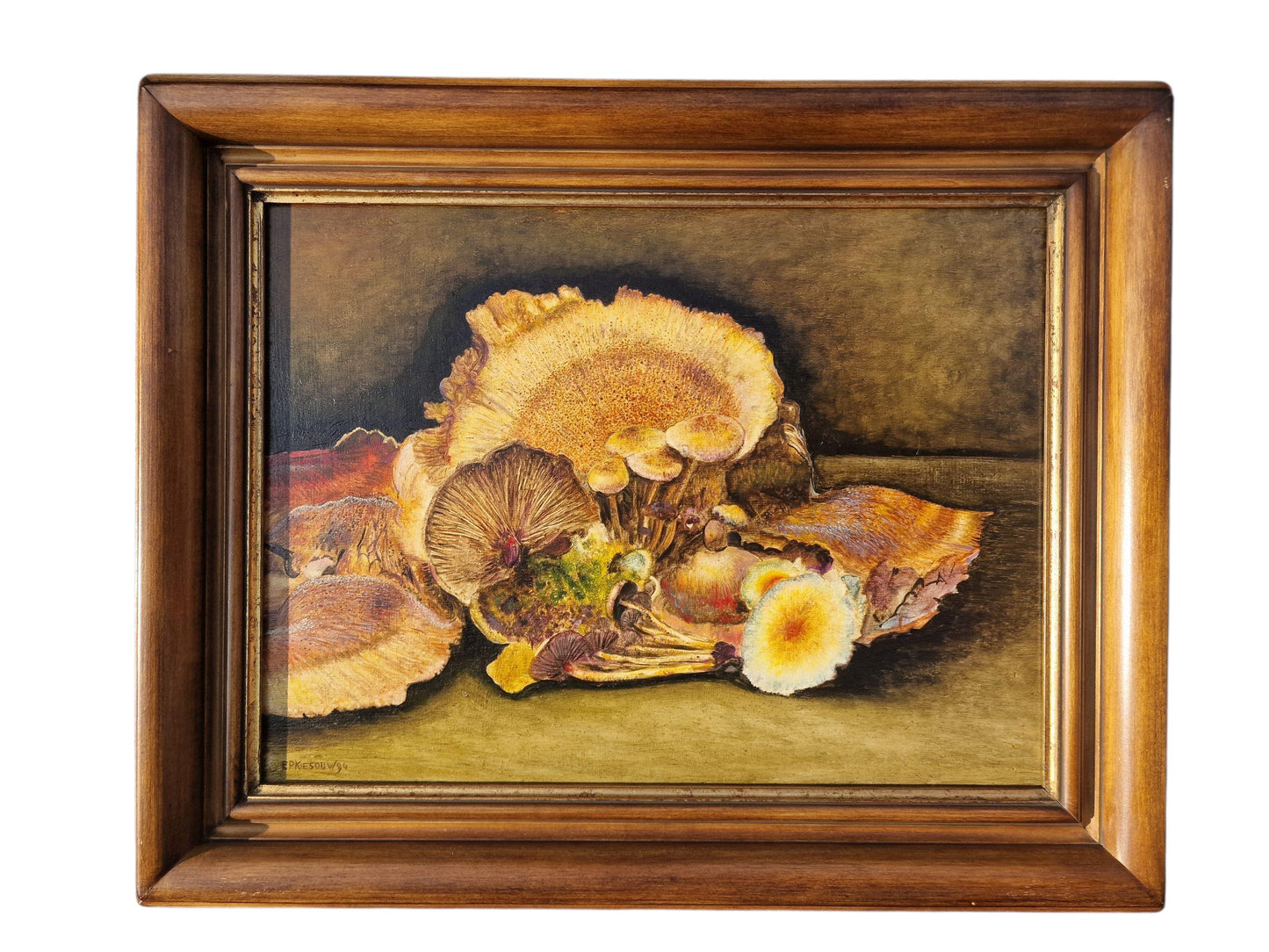 Vintage Mushroom Still Life Oil Painting, Signed Dutch Realism, Framed