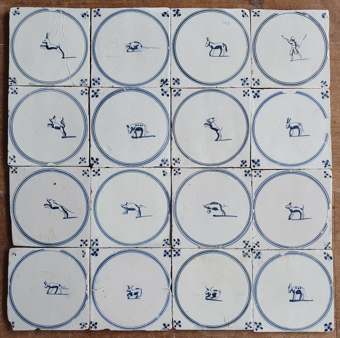 16 Antique Delft Tiles, 18th Century Animal Motifs, Dutch Wall Decor circle springer