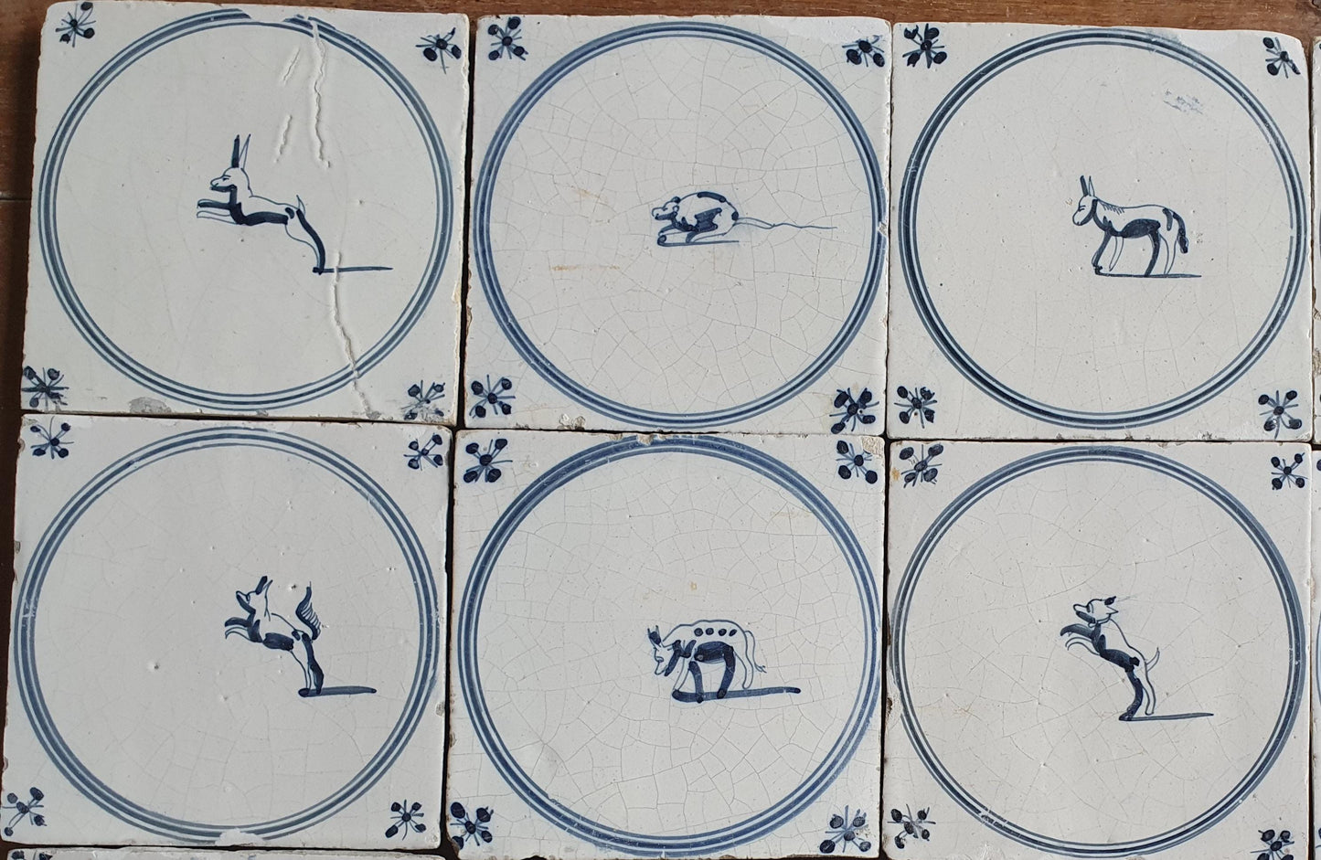 16 Antique Delft Tiles, 18th Century Animal Motifs, Dutch Wall Decor circle springer