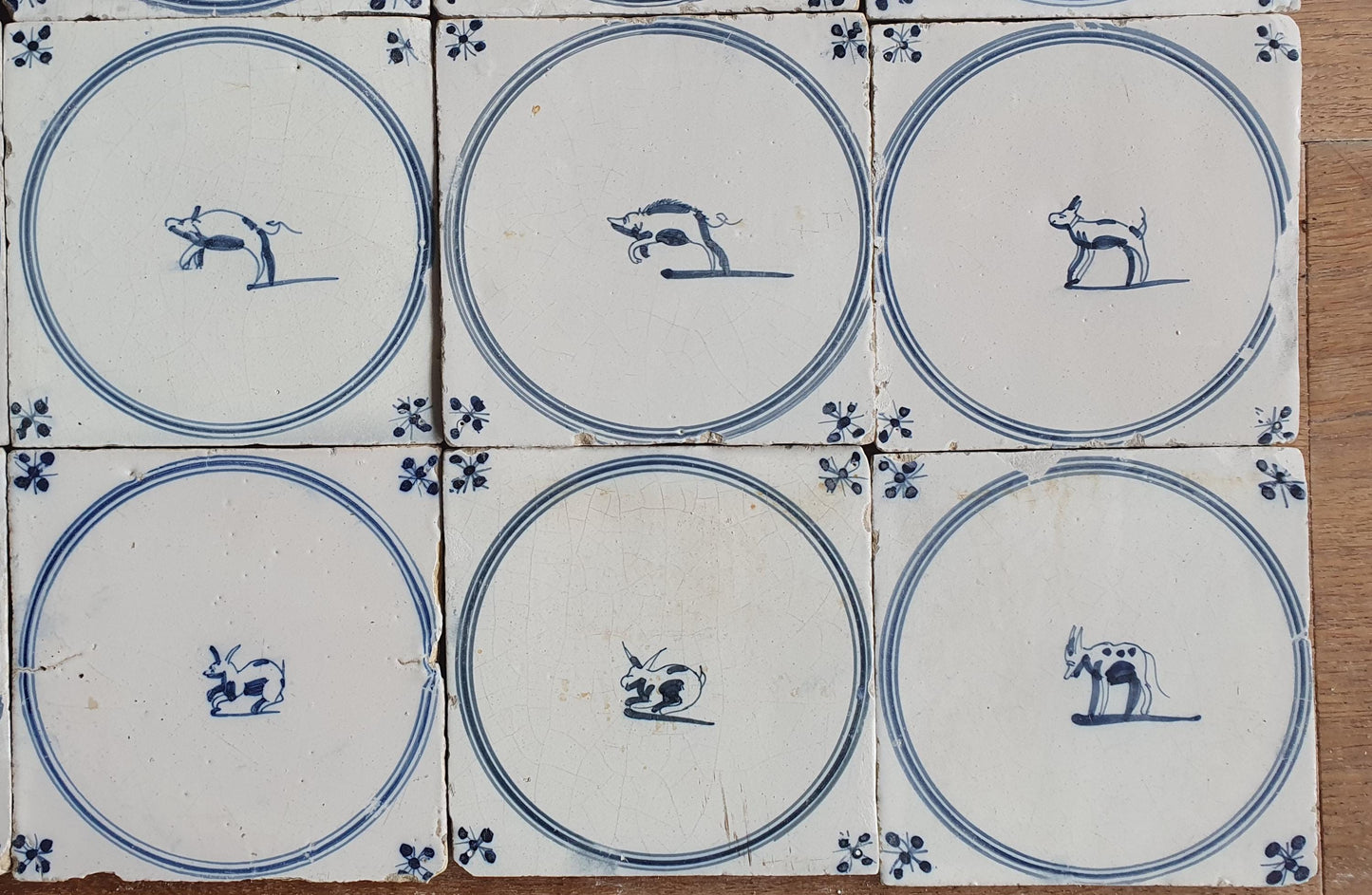 16 Antique Delft Tiles, 18th Century Animal Motifs, Dutch Wall Decor circle springer