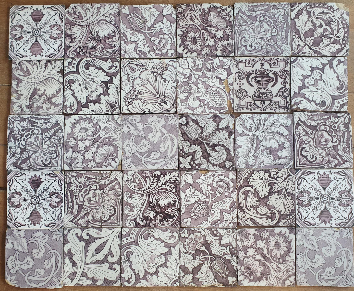30 Antique Dutch Delft Tiles, Manganese Floral Pattern, Built-In Tile Lot
