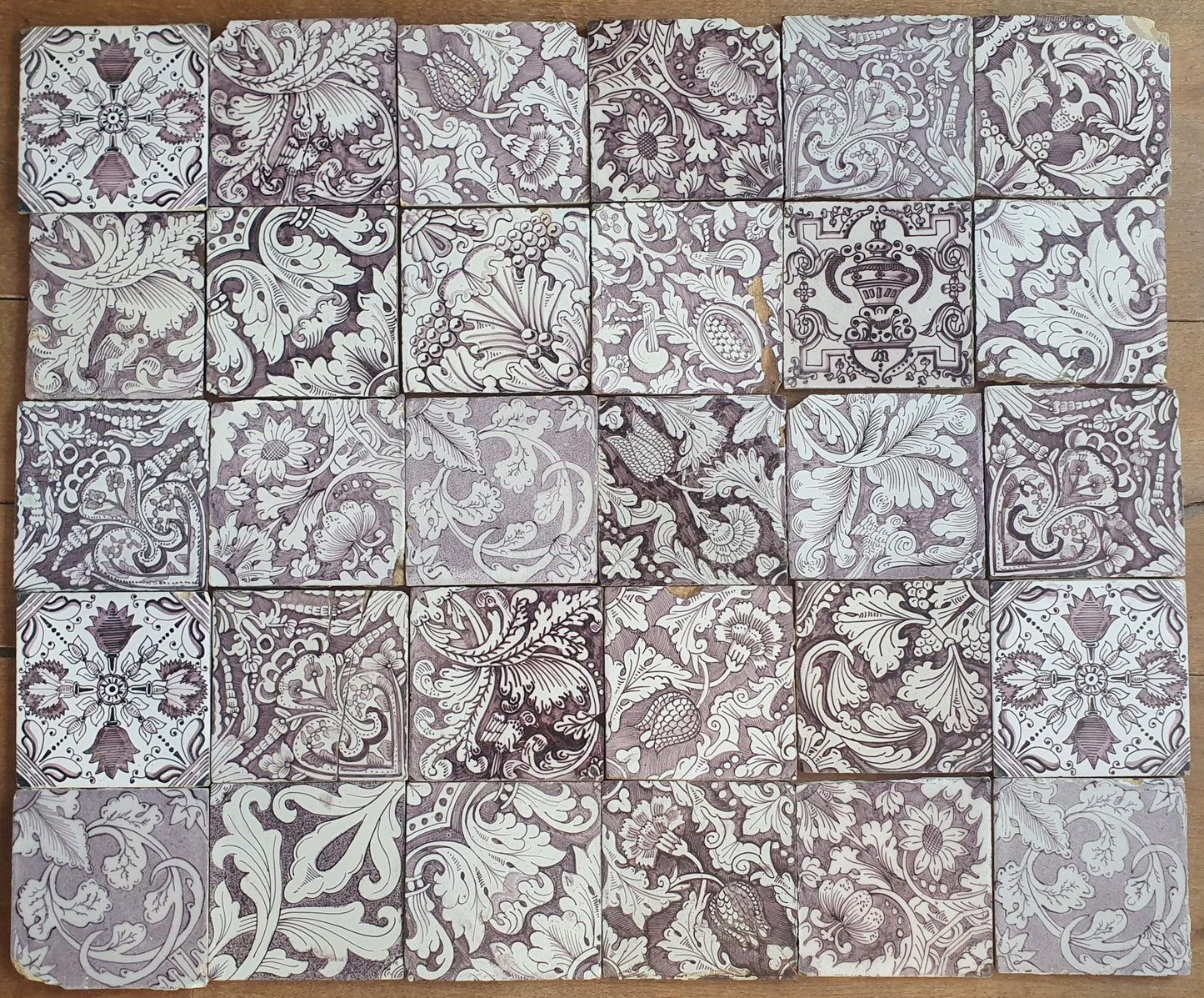 30 Antique Dutch Delft Tiles, Manganese Floral Pattern, Built-In Tile Lot