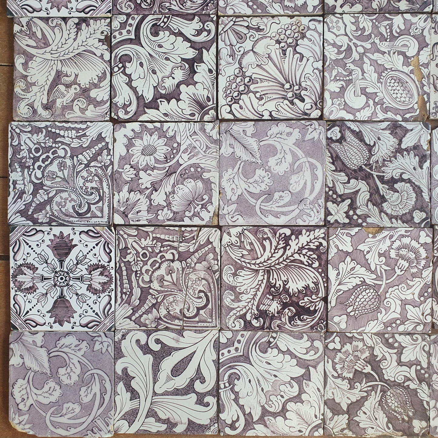 30 Antique Dutch Delft Tiles, Manganese Floral Pattern, Built-In Tile Lot