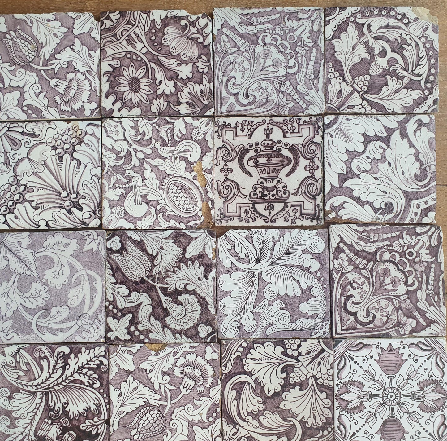 30 Antique Dutch Delft Tiles, Manganese Floral Pattern, Built-In Tile Lot