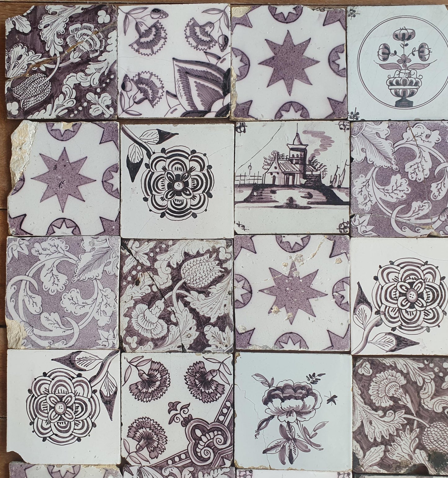 25 Antique Dutch Delft Tiles, Manganese Glazed, 19th Century