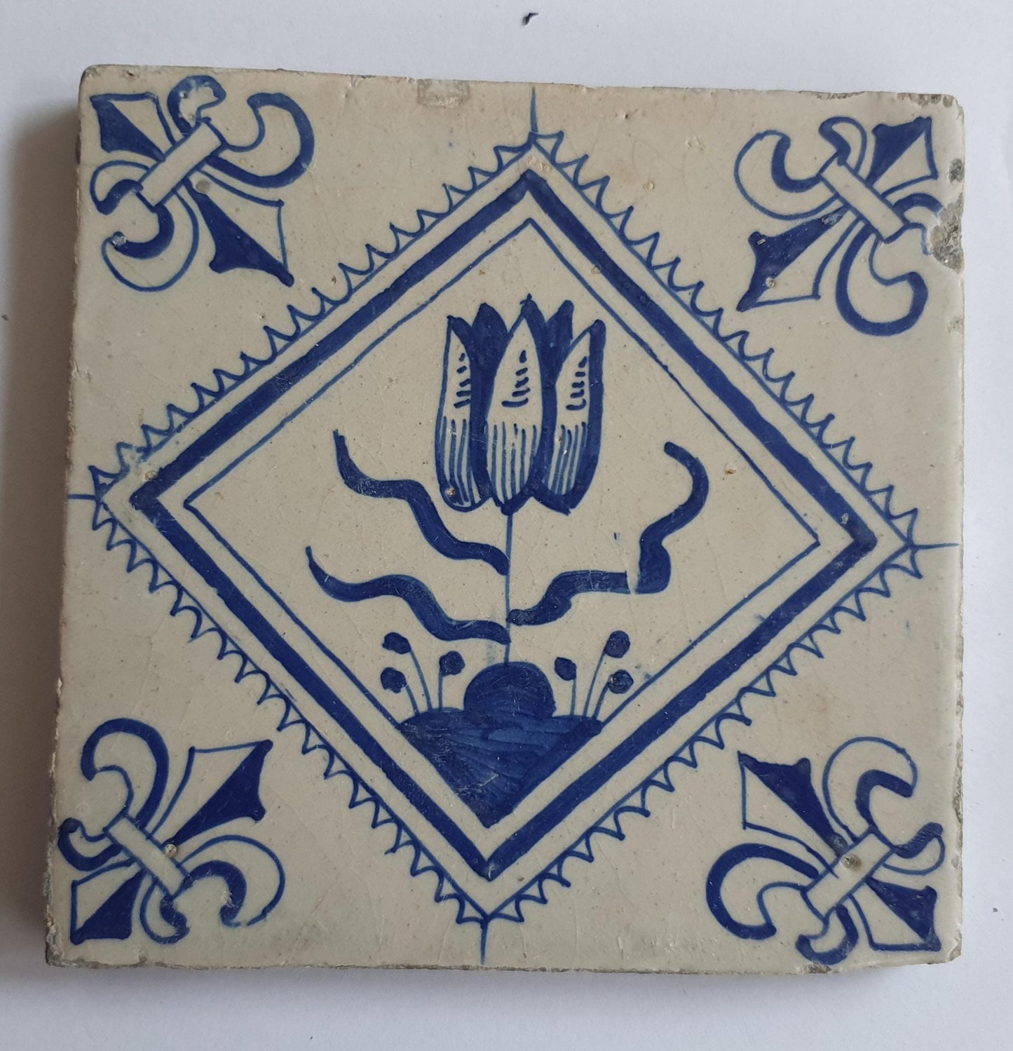 17th Century Dutch Delft Tulip Tile, Antique Floral Decor
