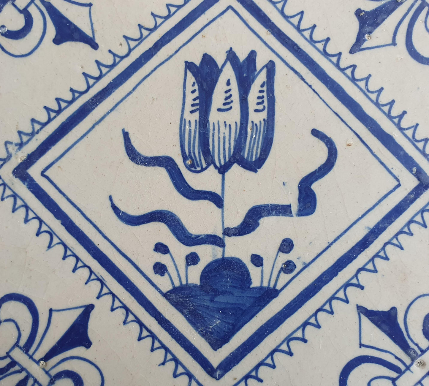 17th Century Dutch Delft Tulip Tile, Antique Floral Decor
