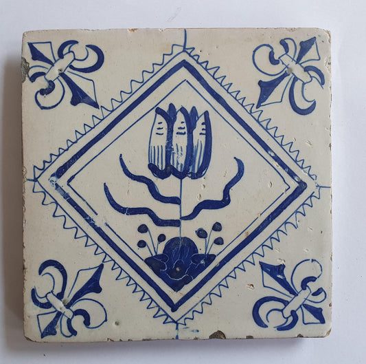 Antique Delft Tulip Tile, 17th Century Dutch Tile