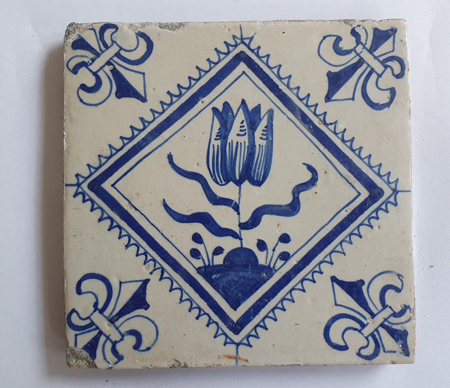 17th Century Dutch Delft Tulip Tile, Antique Kwadraattegel