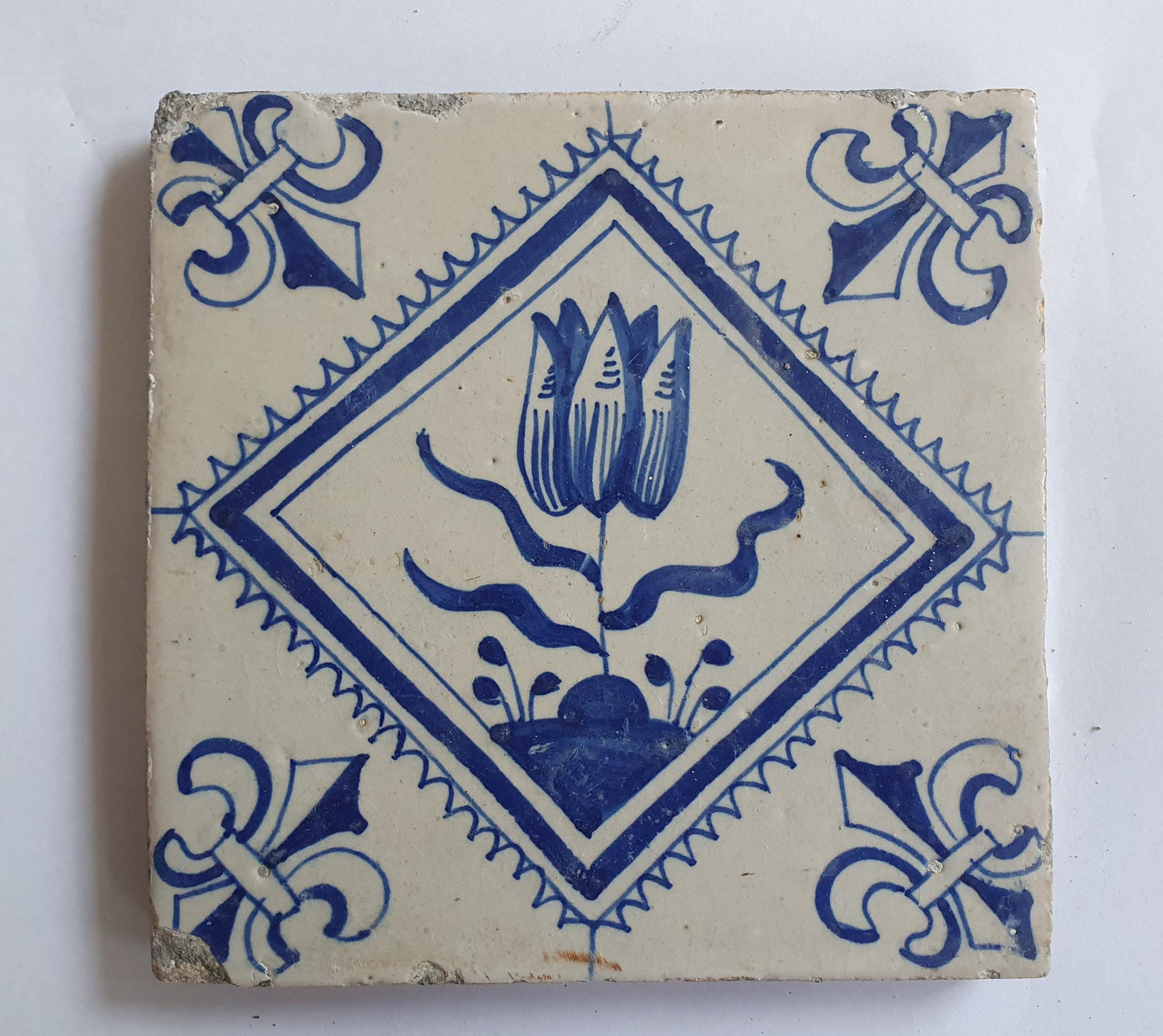 17th Century Dutch Delft Tulip Tile, Antique Kwadraattegel