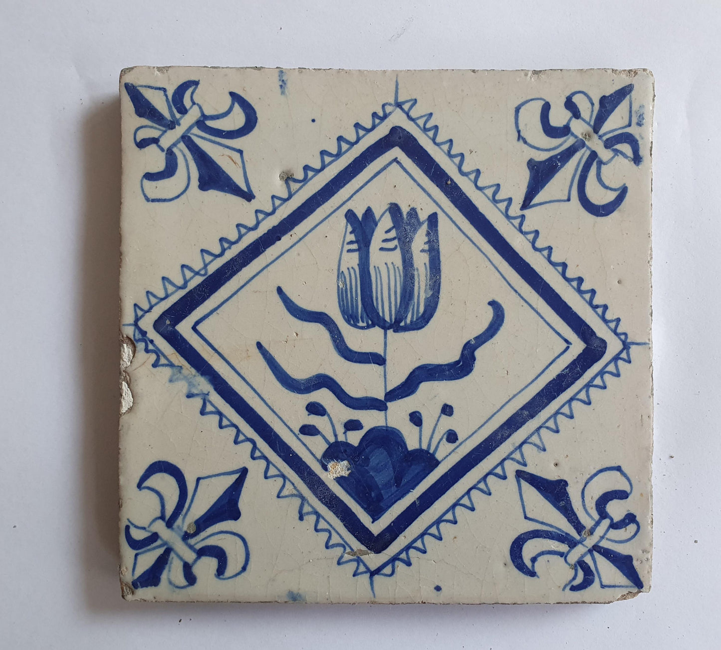 17th Century Dutch Delft Tulip Tile, Antique Floral Decor