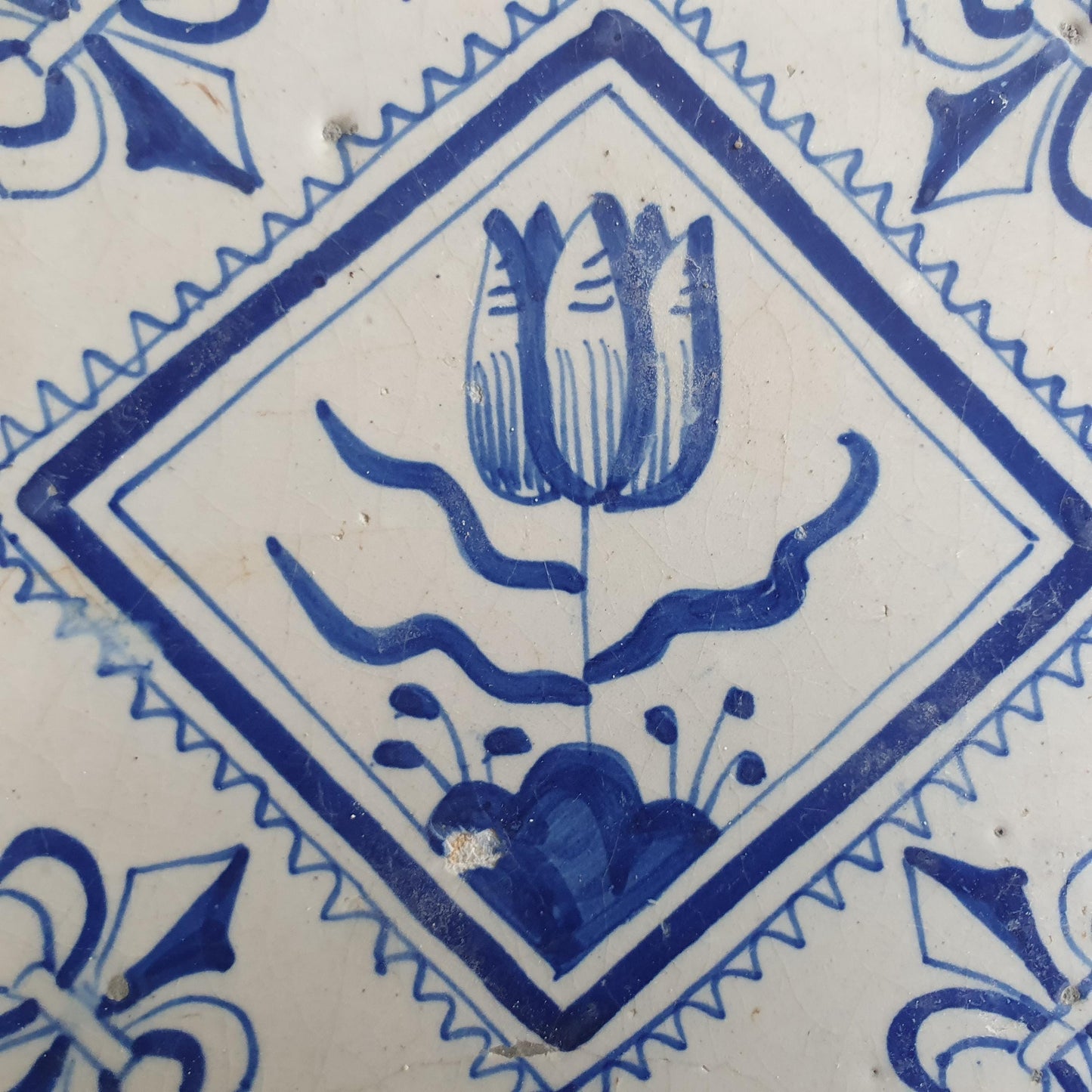 17th Century Dutch Delft Tulip Tile, Antique Floral Decor