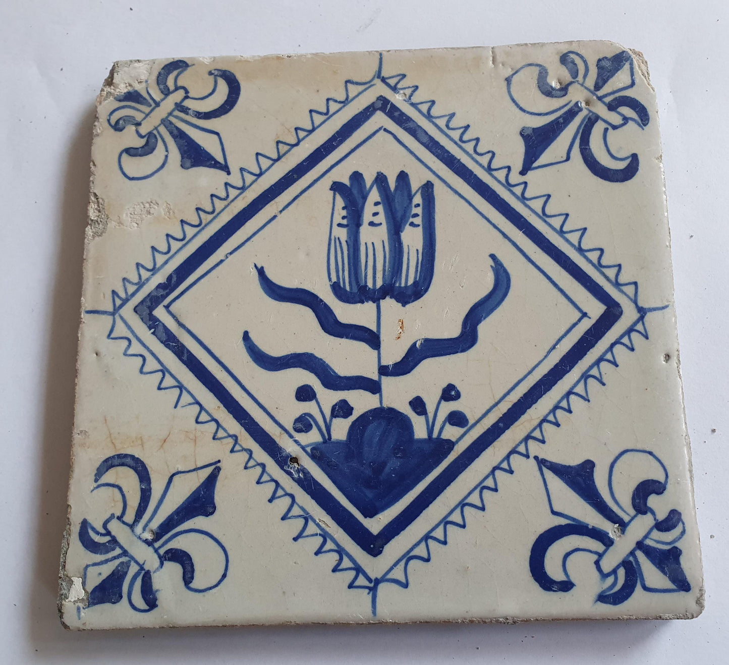 17th Century Dutch Delft Tulip Tile, Antique Floral Decor