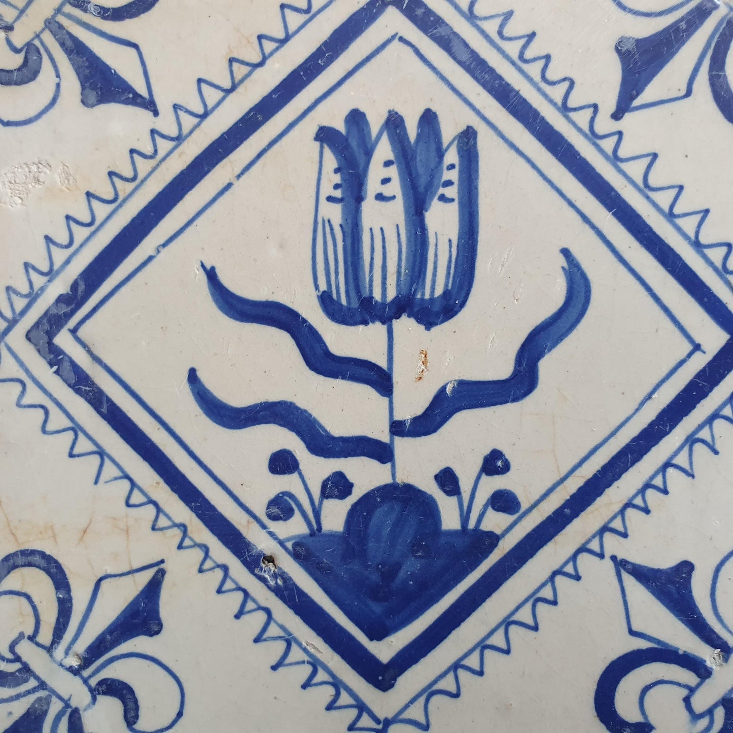 17th Century Dutch Delft Tulip Tile, Antique Floral Decor