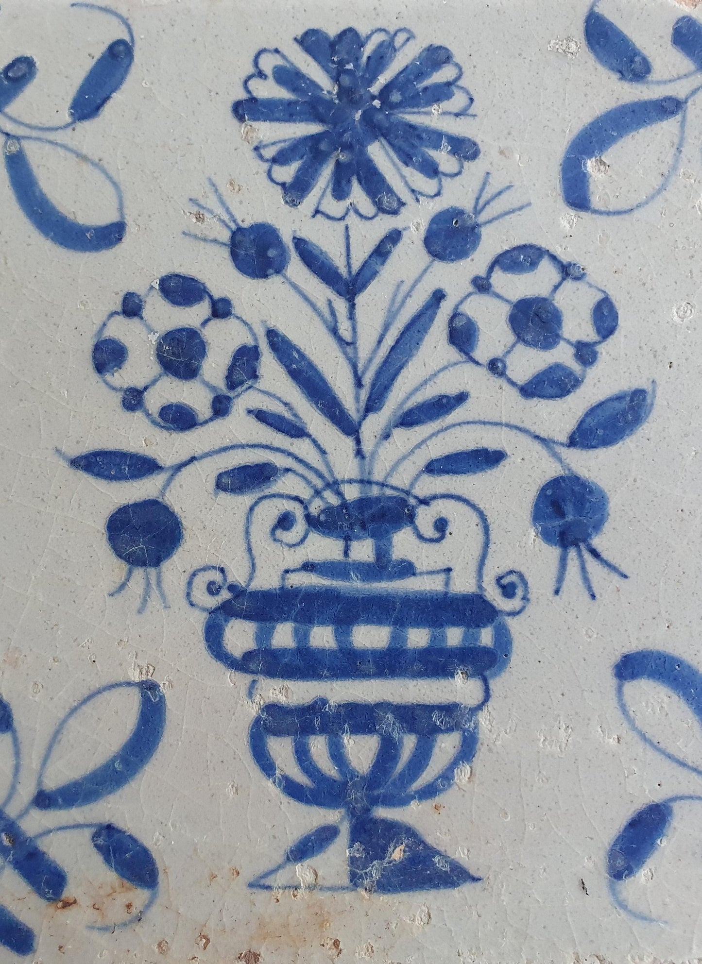 17th century Antique Dutch Tile flower with lilyhead corner motive delft blue holland tile