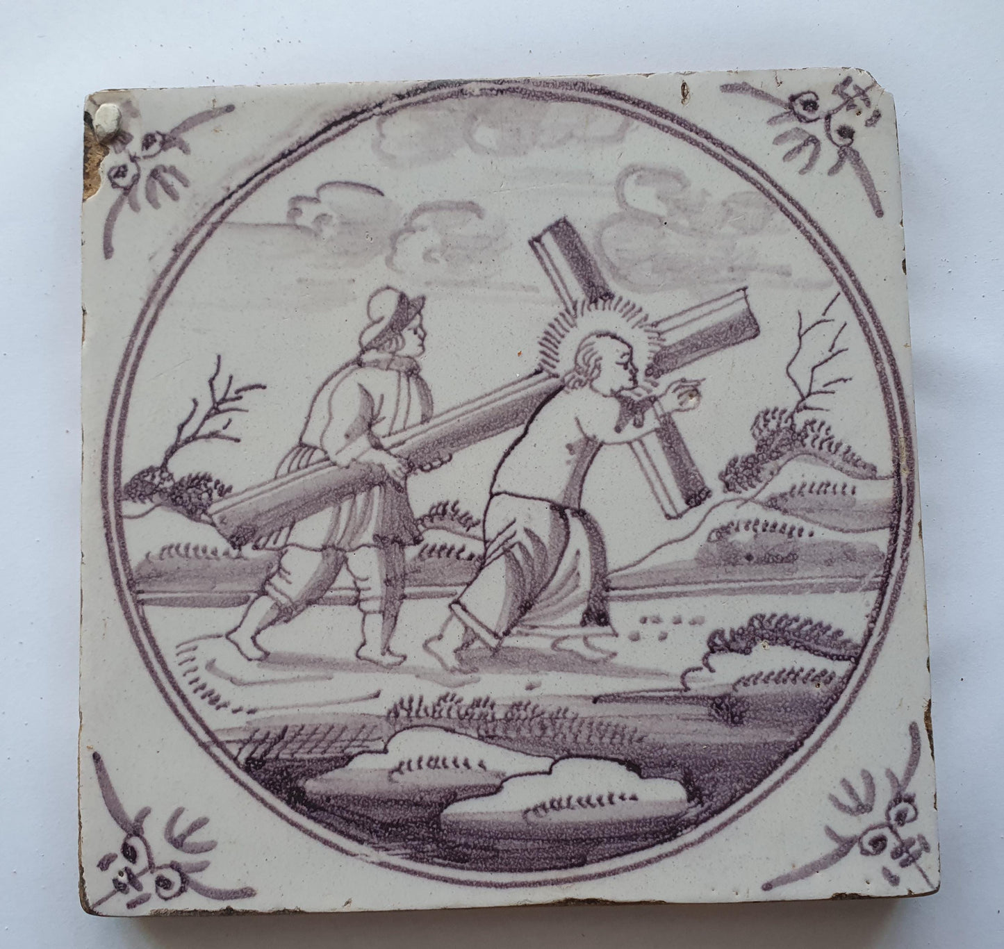 18th century Antique Dutch Tile - manganese bible  biblical tegel