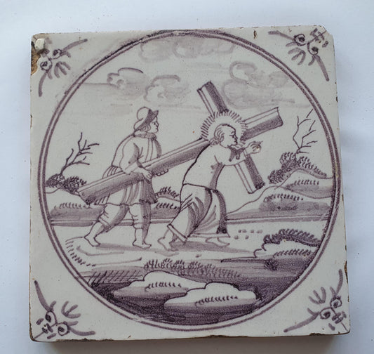 18th century Antique Dutch Tile - manganese bible  biblical tegel