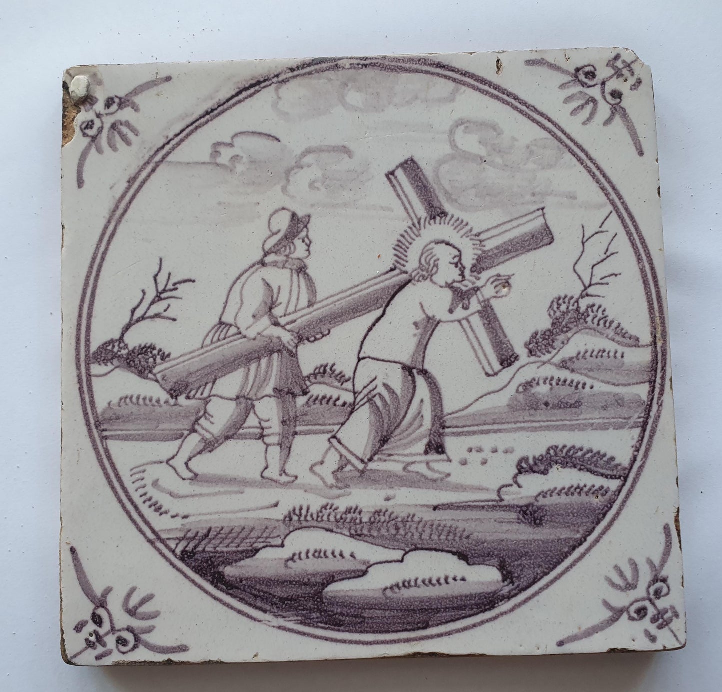 18th century Antique Dutch Tile - manganese bible  biblical tegel