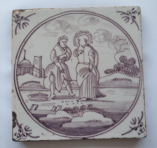 18th century Antique Dutch Tile - manganese bible  biblical tegel