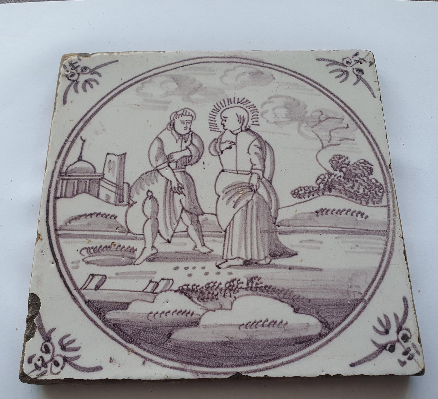 18th century Antique Dutch Tile - manganese bible  biblical tegel