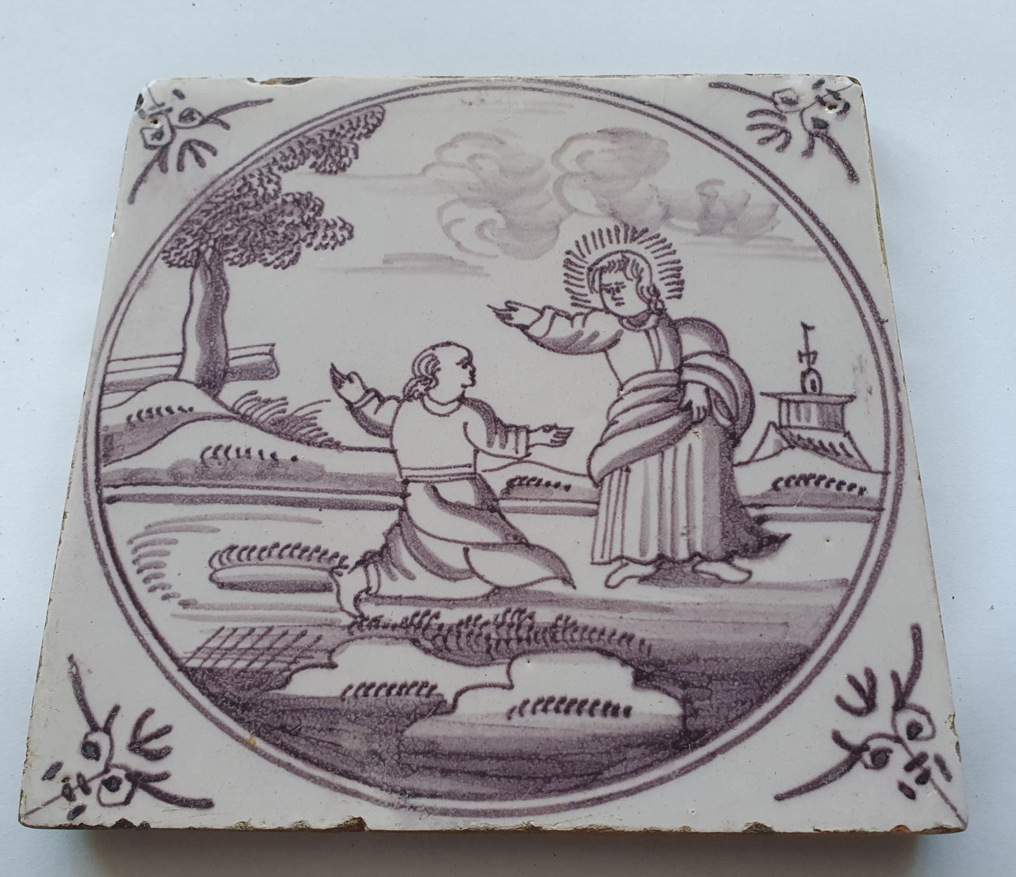 18th century Antique Dutch Tile - manganese bible  biblical tegel