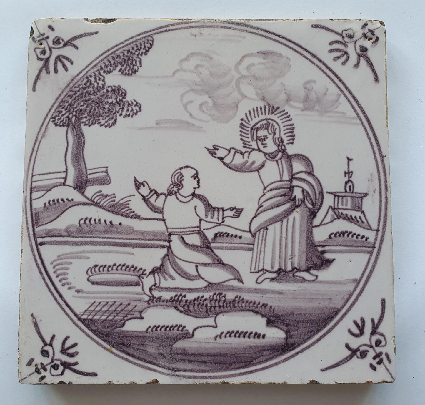 18th century Antique Dutch Tile - manganese bible  biblical tegel