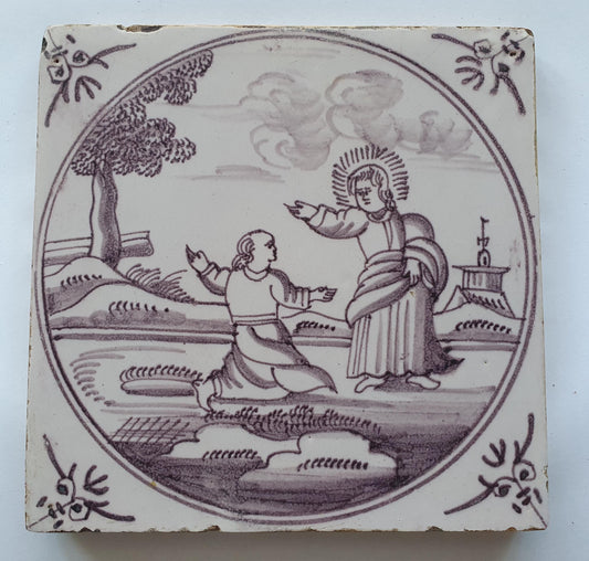 18th century Antique Dutch Tile - manganese bible  biblical tegel