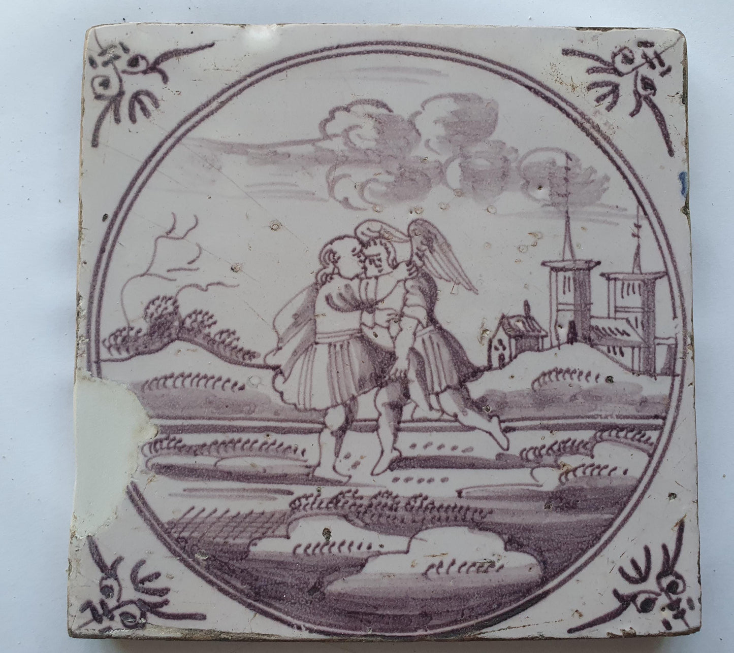 18th century Antique Dutch Tile - manganese bible  biblical tegel