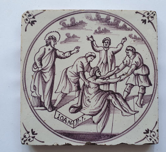 18th century Antique Dutch Tile - manganese bible  biblical tegel