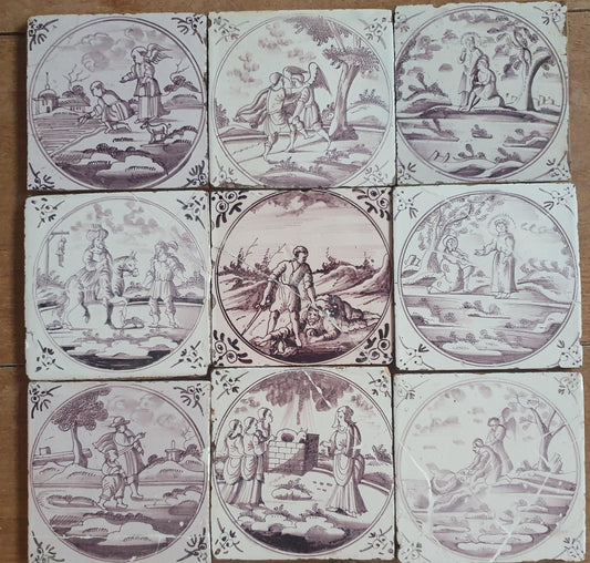 Nine   9 x 18th century Antique Dutch Tiles - manganese bible  biblical tegels bijbel