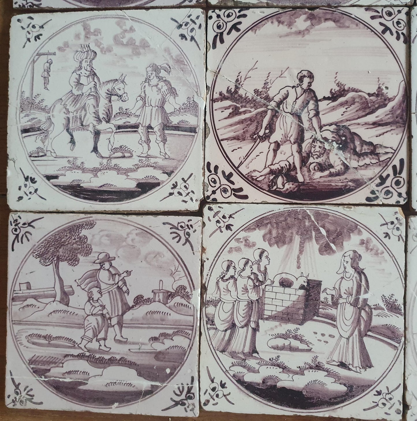 Nine   9 x 18th century Antique Dutch Tiles - manganese bible  biblical tegels bijbel