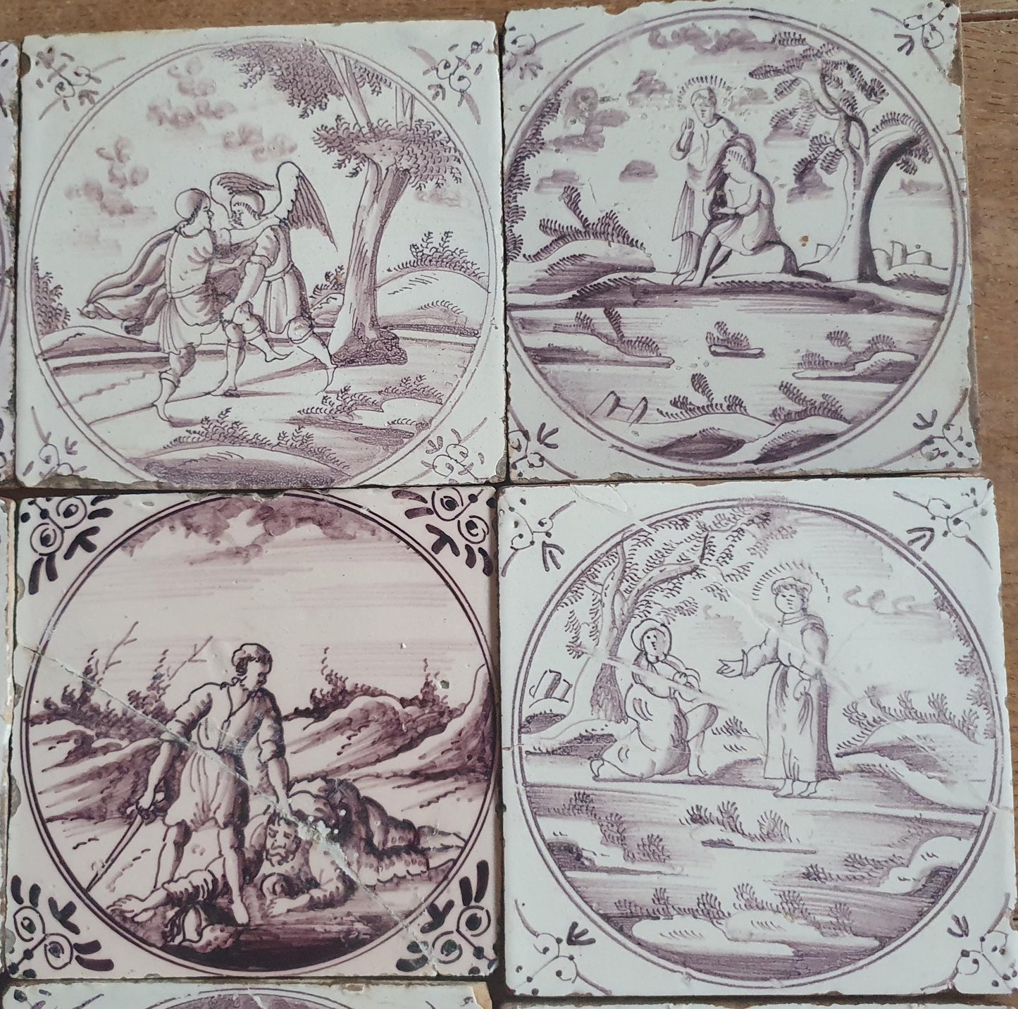 Nine   9 x 18th century Antique Dutch Tiles - manganese bible  biblical tegels bijbel