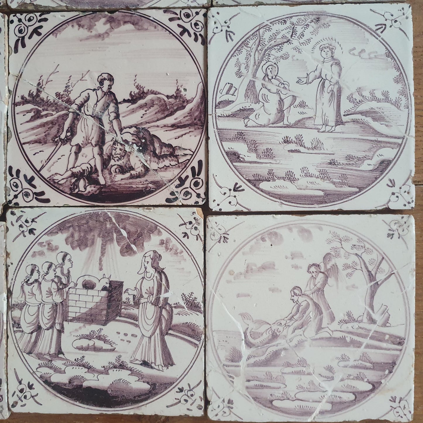 Nine   9 x 18th century Antique Dutch Tiles - manganese bible  biblical tegels bijbel