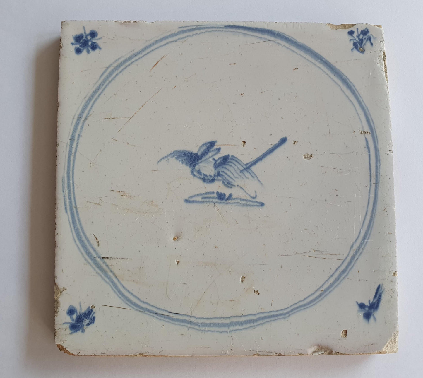 Antique Delft Tile: 18th Century Dutch Circle Tile with Bird