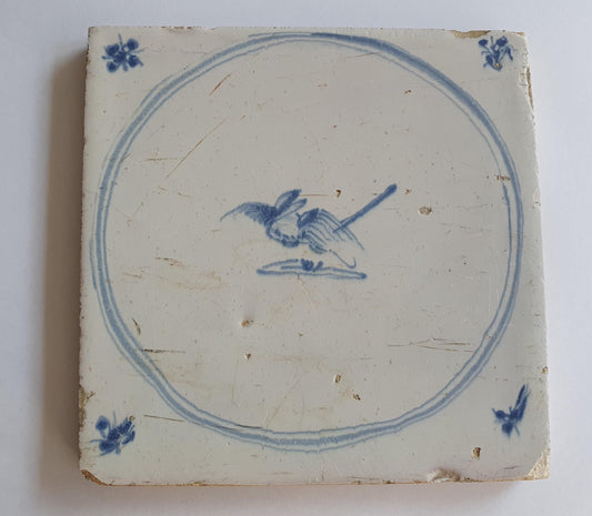 Antique Delft Tile: 18th Century Dutch Circle Tile with Bird