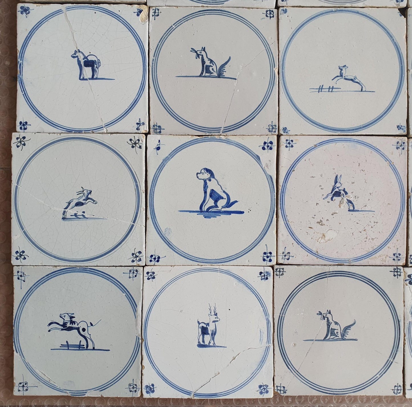 Antique Delft Tiles, 18th Century Dutch Animal Motifs, Set of 16 circle springer